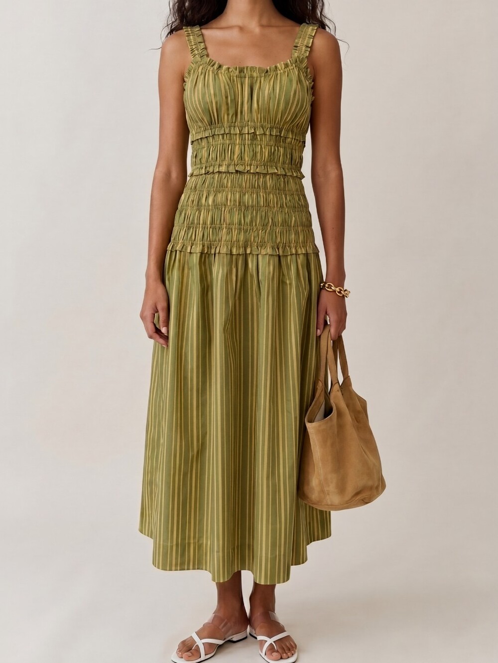 O.P.T. New Moda Olive Smocked Midi Dress - Summer Fall Green Tan Maxi  Medium